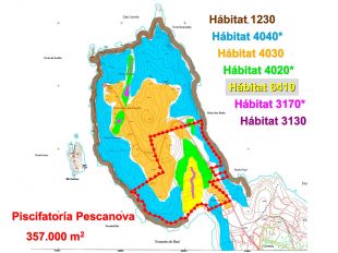 Mapa de distribución dos principais hábitats da zona e situación na que se pensa situar a planta piscícola (Clica para ampliar)